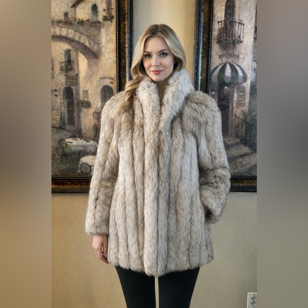 Gorgeous Blue Saga Fox Coat. Cream With Black Shadow. 30” Length.